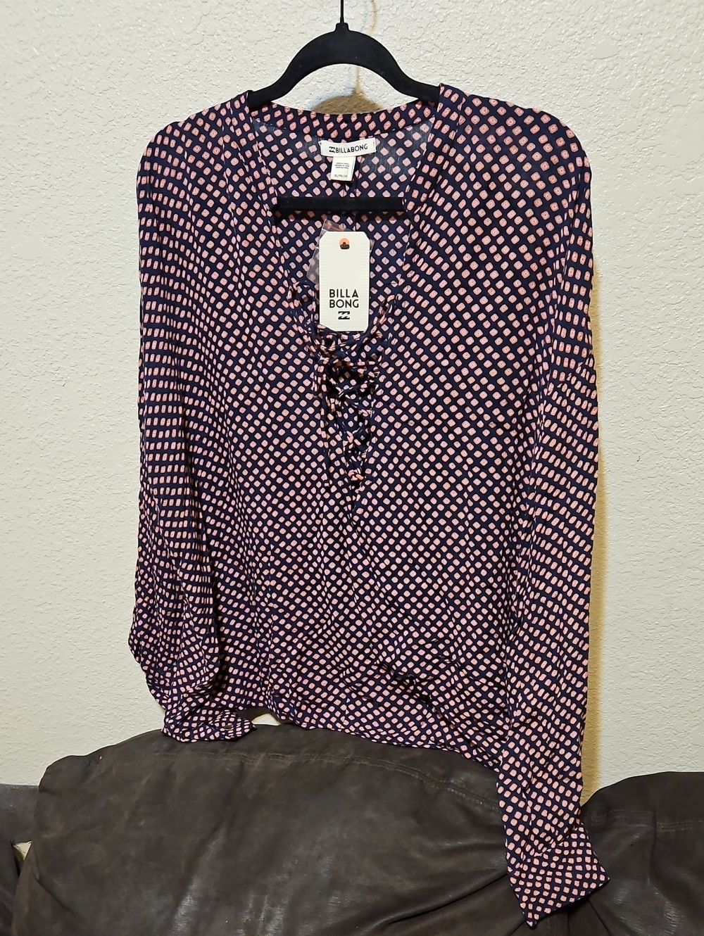 Billabong Navy and Pink Lace-Up V-Neck Blouse